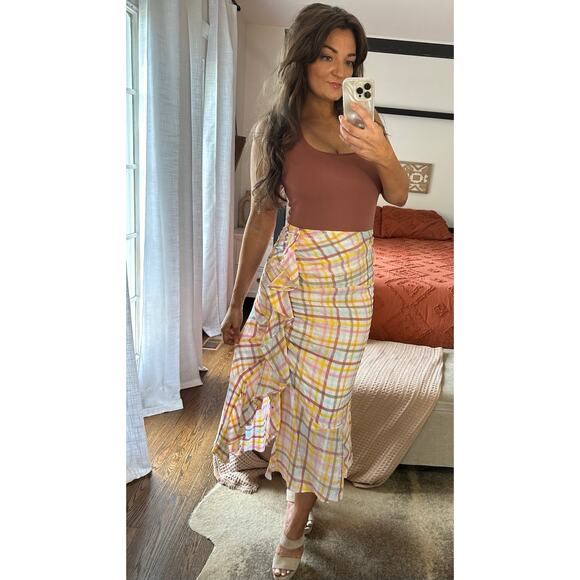 CINQ A SEPT Size 10 Patrice Plaide Ruched Ruffle Midi Skirt - Picture 6 of 7